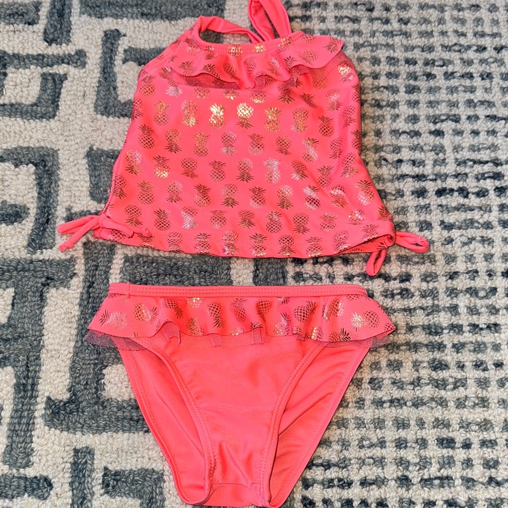 Coral Pink Ruffle Pineapple Two-Piece Swim Set